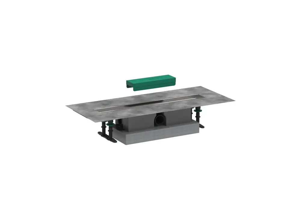 Hansgrohe Duschrinne mit abnehmbarer Abdeckung und integrierter Ablaufvorrichtung, montiert auf einem grauen Korpus.